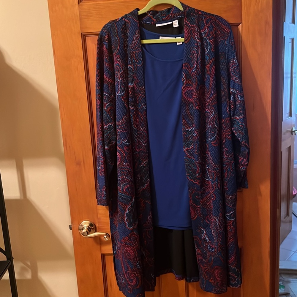 Susan Graver Navy Blue and Red Open-Front Cardigan